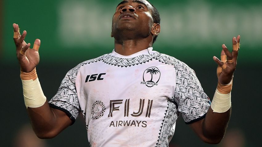 DUBAI, UNITED ARAB EMIRATES - DECEMBER 01:  Jerry Tuwai of Fiji celebrates scoring a try during the match between Fiji and Australia on Day Two of the Emirates Dubai Rugby Sevens - HSBC Sevens World Series at The Sevens Stadium on December 1, 2017 in Dubai, United Arab Emirates.  (Photo by Tom Dulat/Getty Images)