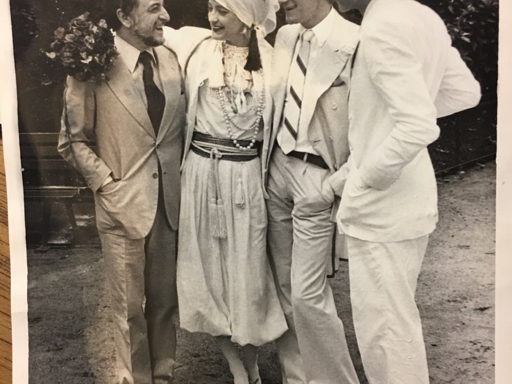 De La Falaise with Saint Laurent (second from right) and the co-founder of YSL, Pierre Bergé (far left), on the day of her marriage to French writer Thadée Klossowski De Rola (far right).