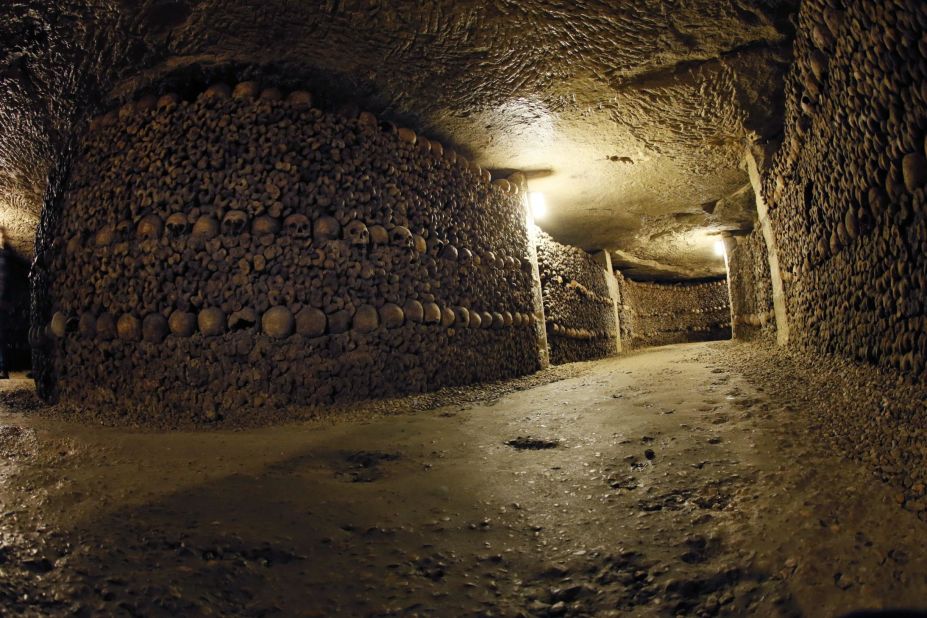 <strong>Catacombs -- Paris, France</strong>: Under the streets of Paris are the creepy catacombs, a subterranean network of old caves and tunnels lined with bones. A short section of the caves are open to the public, if you dare...
