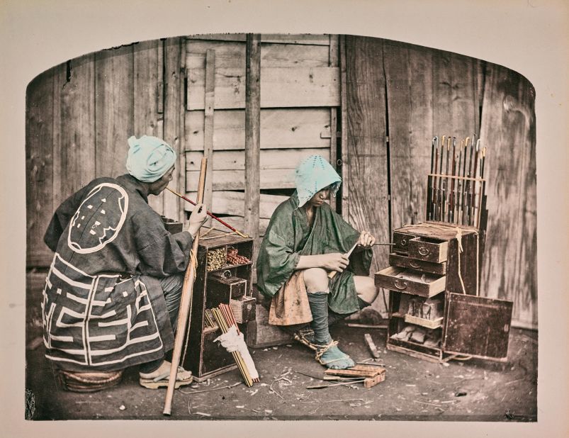 One of the traditional trades recorded by 19th-century photography is the craft of making long pipes called "kiseru," which were very fashionable in the Edo period.