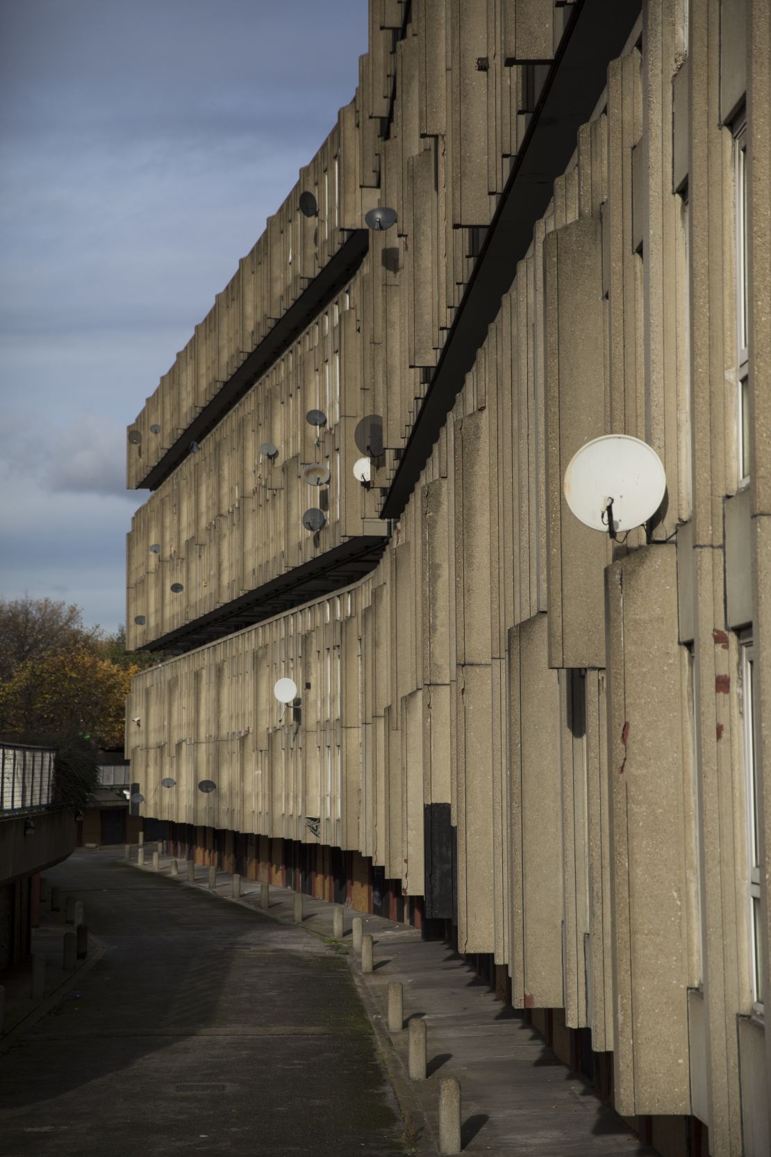 A close look at the concrete facade of Robin Hood Gardens.