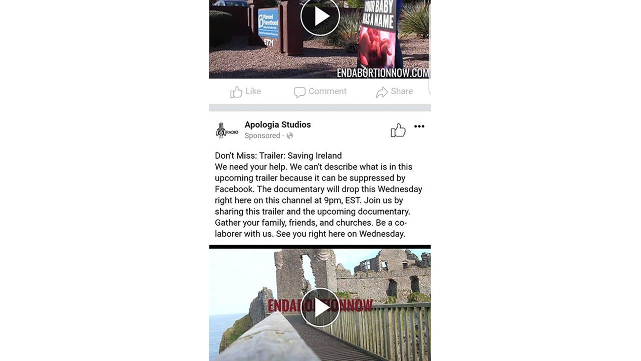 An ad from California-based Apologia Studios targeting Irish users is seen more than a week after Facebook said it would ban all ads from foreign groups.