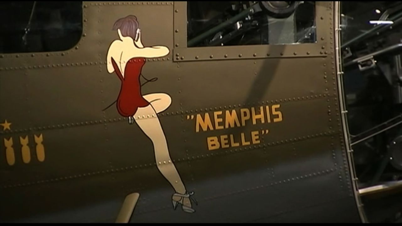 The B-17F bomber features iconic nose art -- a scantily clad World War II-era "pinup girl."