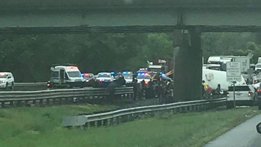 CNN has access to this photo that shows the scene, and the bus on its side.

CLEARED: All platforms/affils
COURTESY: Jay Faltings
LOCATOR: Near Mount Olive Township, New Jersey