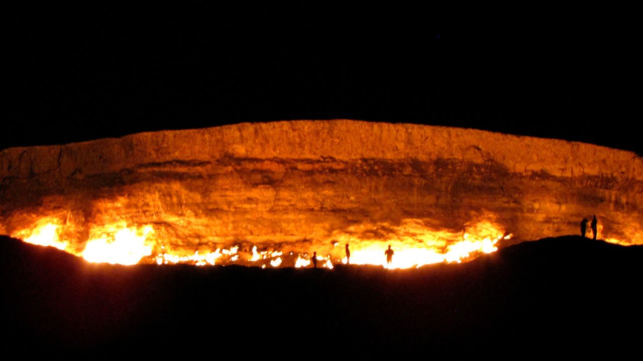 <strong>Darvaza Crater -- Turkmenistan</strong>: Nicknamed "the Gateway to Hell," the Darvaza Crater is a mysterious inferno in the Turkmenistan desert. There's no concrete record of exactly how it happened, making the fiery cavern even more intriguing.