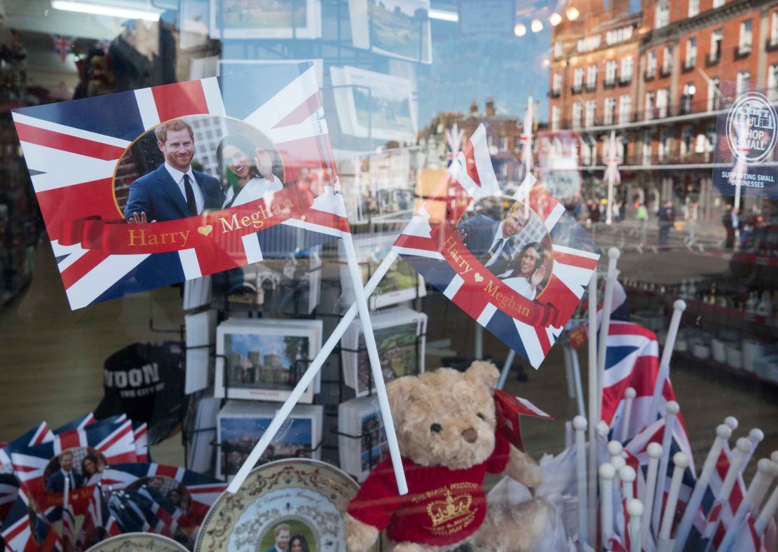 A shop close to Windsor Castle displays royal memorabilia in the window. 