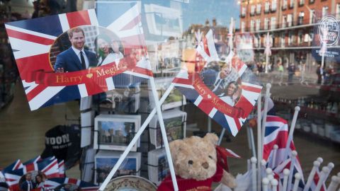 A shop close to Windsor Castle displays royal memorabilia in the window.