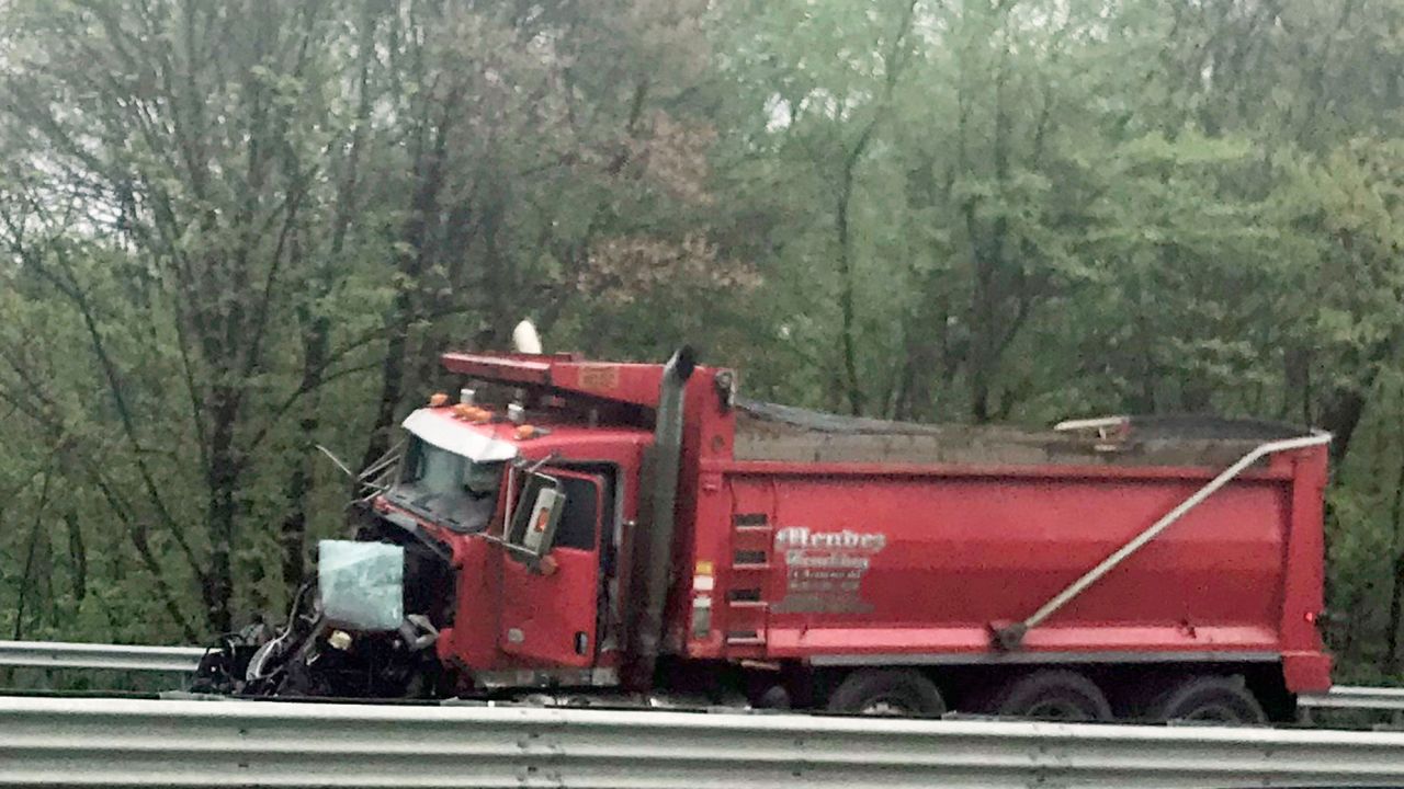 A dump truck collided with a school bus in Mount Olive Township, New Jersey, on Thursday.