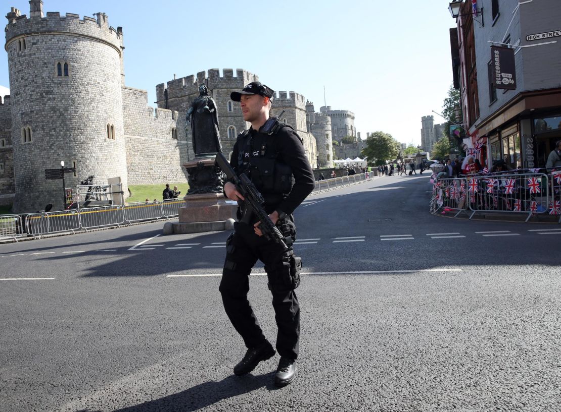 Armed police take position ahead of the dress rehearsal for the wedding on May 17.