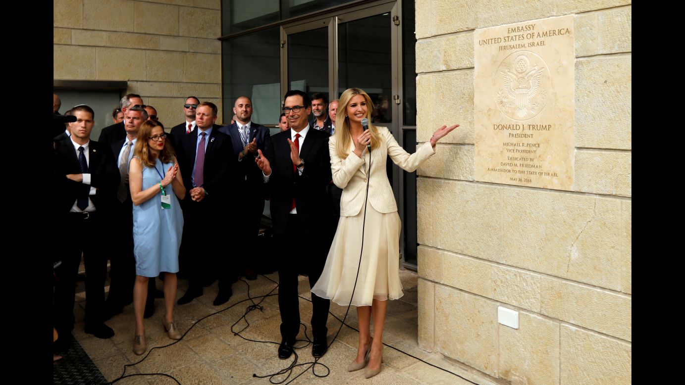 Ivanka Trump, senior White House adviser and daughter of US President Donald Trump, stands next to the dedication plaque at the new US Embassy in Jerusalem on Monday, May 14. The Embassy's <a href="https://www.cnn.com/2018/05/14/politics/jerusalem-us-embassy-trump-intl/index.html" target="_blank">controversial move from Tel Aviv</a> -- and President Trump's decision to recognize Jerusalem as the capital of Israel -- has been praised by many Israelis. But it has also angered Palestinians, who hope to claim part of the city as their future capital.