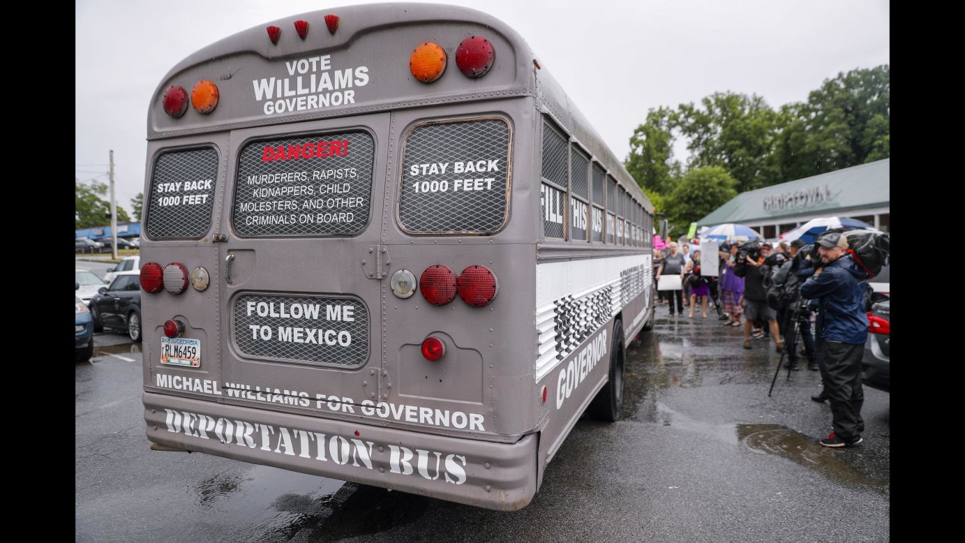 Protesters surround the "Deportation Bus" of Michael Williams, a Republican gubernatorial candidate, during a stop in Clarkston, Georgia, on Wednesday, May 16. Williams says <a href="https://www.cnn.com/2018/05/15/politics/georgia-governor-candidates-deportation-bus-trnd/index.html" target="_blank">the bus</a> is a show of support for the Trump administration's crackdown on illegal immigration.
