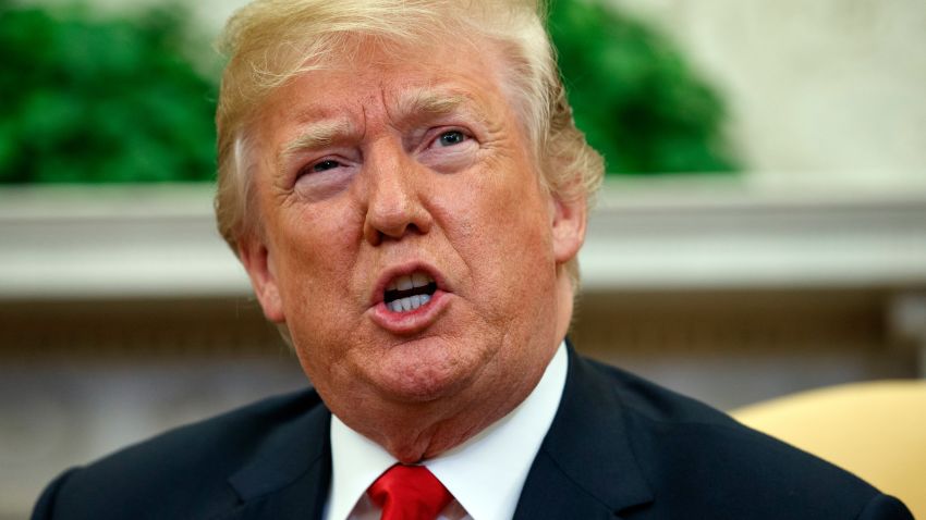 President Donald Trump speaks during a meeting with NATO Secretary General Jens Stoltenberg in the Oval Office of the White House, Thursday, May 17, 2018, in Washington. (AP Photo/Evan Vucci)
