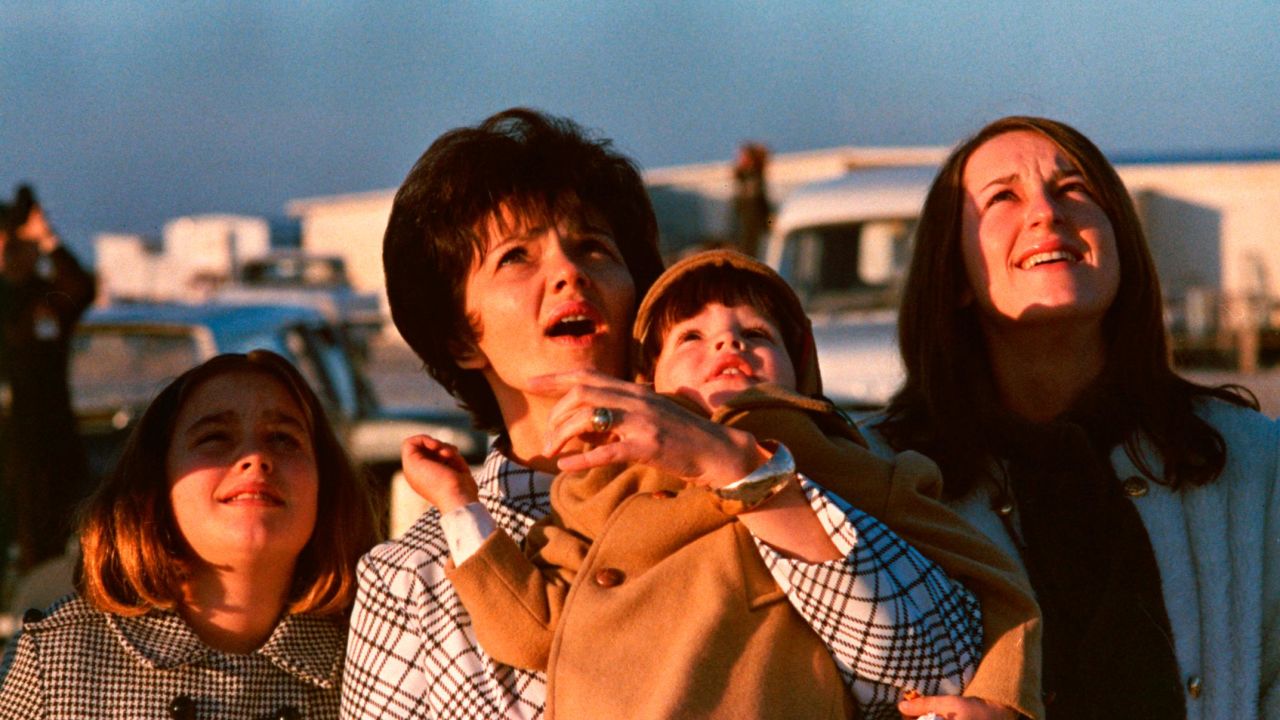 As the Apollo 8 space mission takes off, Marilyn Lovell (second left), and three of her children (from left, Susan, Jeffrey and Barbara), watch as astronaut James Lovell (Marilyn's husband) launches into space, Cape Canaveral, Florida, December 21, 1968. (Photo by Yale Joel/The LIFE Picture Collection/Getty Images)