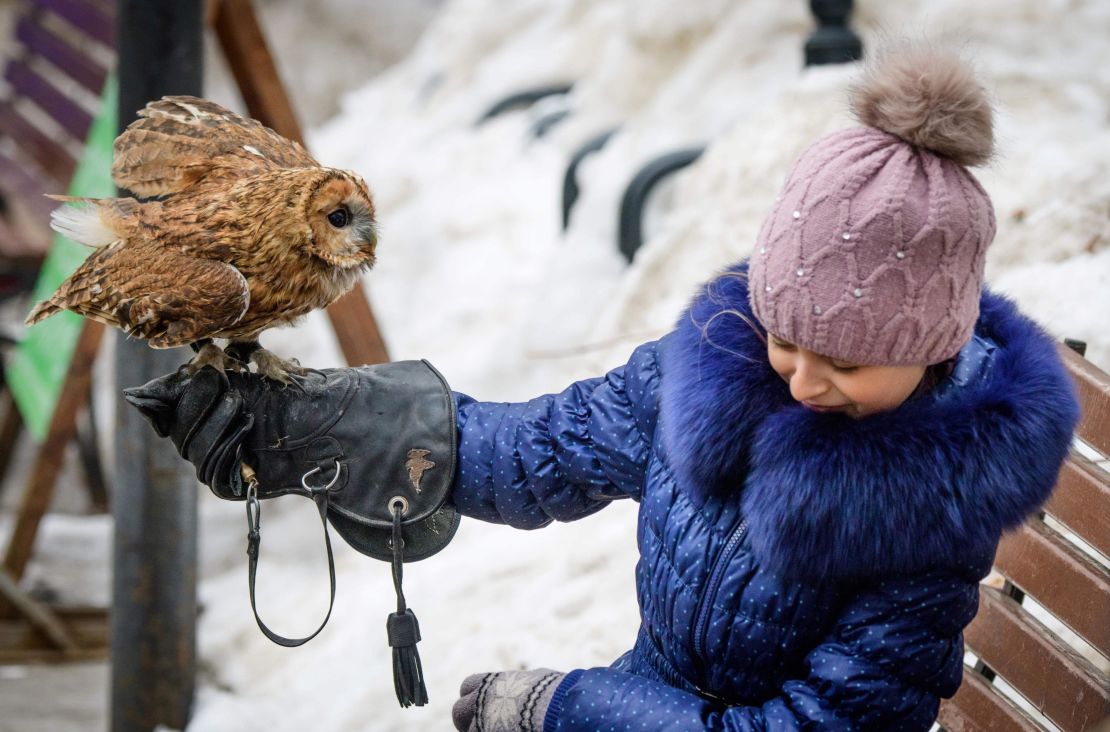 A girl holds her pet owl during the bird day celebrations in a park in Moscow.