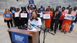 Lucy McBath, National Spokeswoman for Moms Demand Action for Gun Sense in America, is joined by faith leaders, gun violence survivors and others on the south steps of the Mississippi State Capitol in Jackson, Ms., on Thursday, March 17, 2016, to protest House Bill 786, also know as the Mississippi Church Protection Act, that would allow people to carry concealed handguns in public with no permit, (Joe Ellis/The Clarion-Ledger via AP)