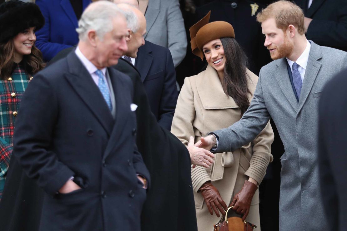 Meghan Markle attends a Christmas Day Service on December 25, 2017 with Prince Harry and members of the royal family, including Prince Charles (right).