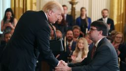 WASHINGTON, DC - MAY 18: U.S. President Donald Trump shakes hands with Robert Wilkie after nominating him to be next Veterans Affairs Secretary, during an event in the East Room at the White House, on May 18, 2018 in Washington, DC. President Trump spoke briefly at the Prison Reform Summit.  (Photo by Mark Wilson/Getty Images)