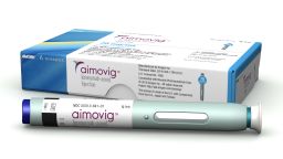  Aimovig packaging and Aimovig SureClick autoinjector