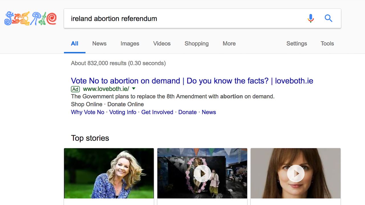 One week after Google said it would "pause all ads related to the Irish referendum on the Eighth Amendment," some ads were still appearing in those searches. Google said they had "taken action" after being showed this ad.