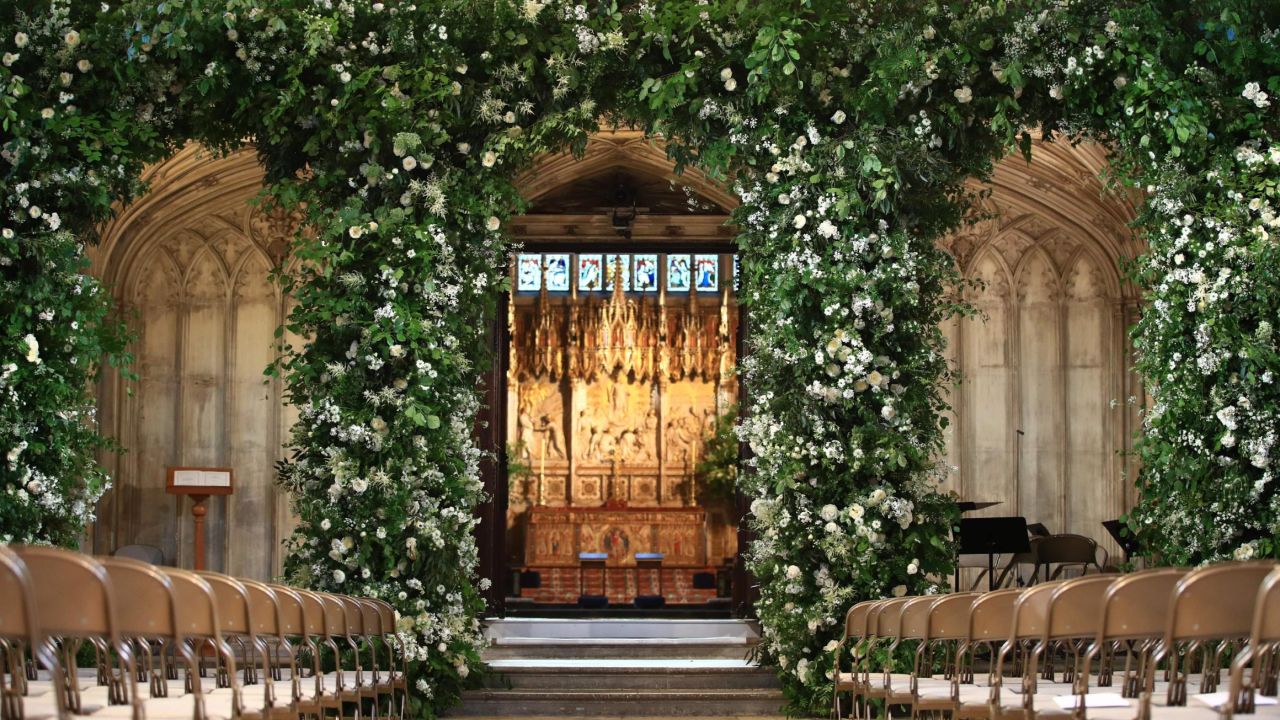 A view of the organ loft inside St George's Chapel, flooded with white flowers and greenery for the service. 