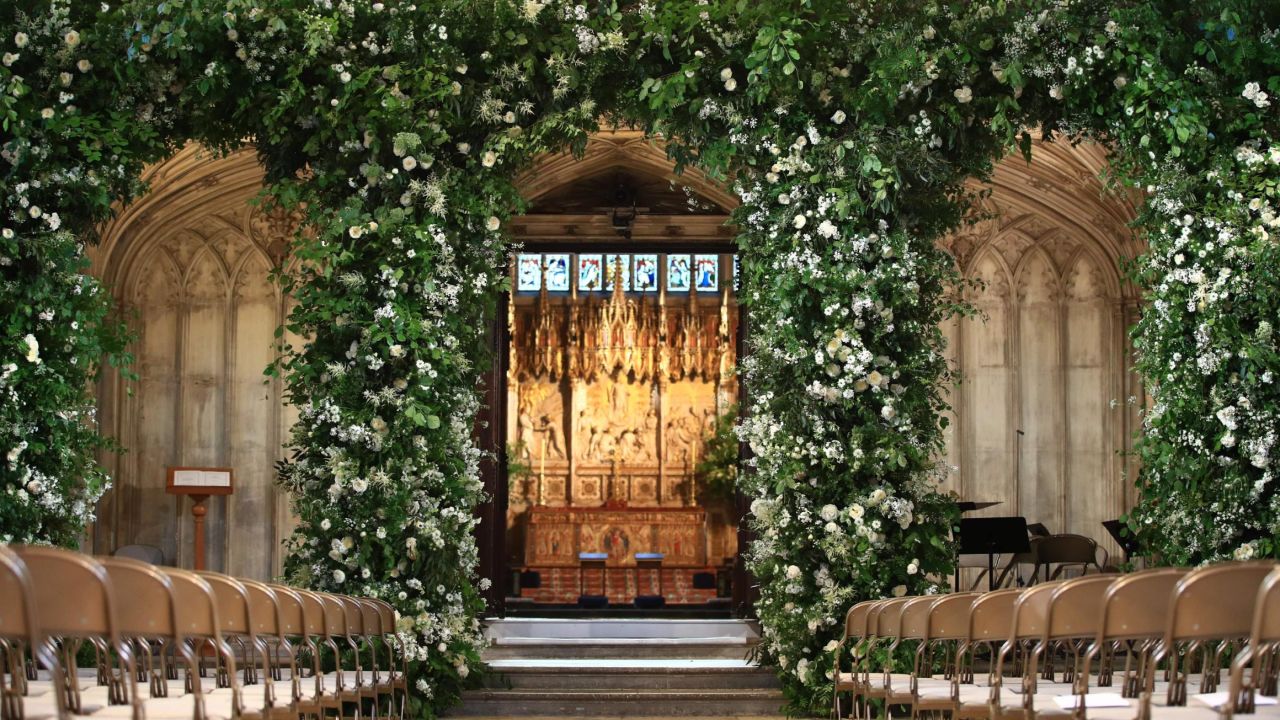 A view of the organ loft inside St George's Chapel, flooded with white flowers and greenery for the service.