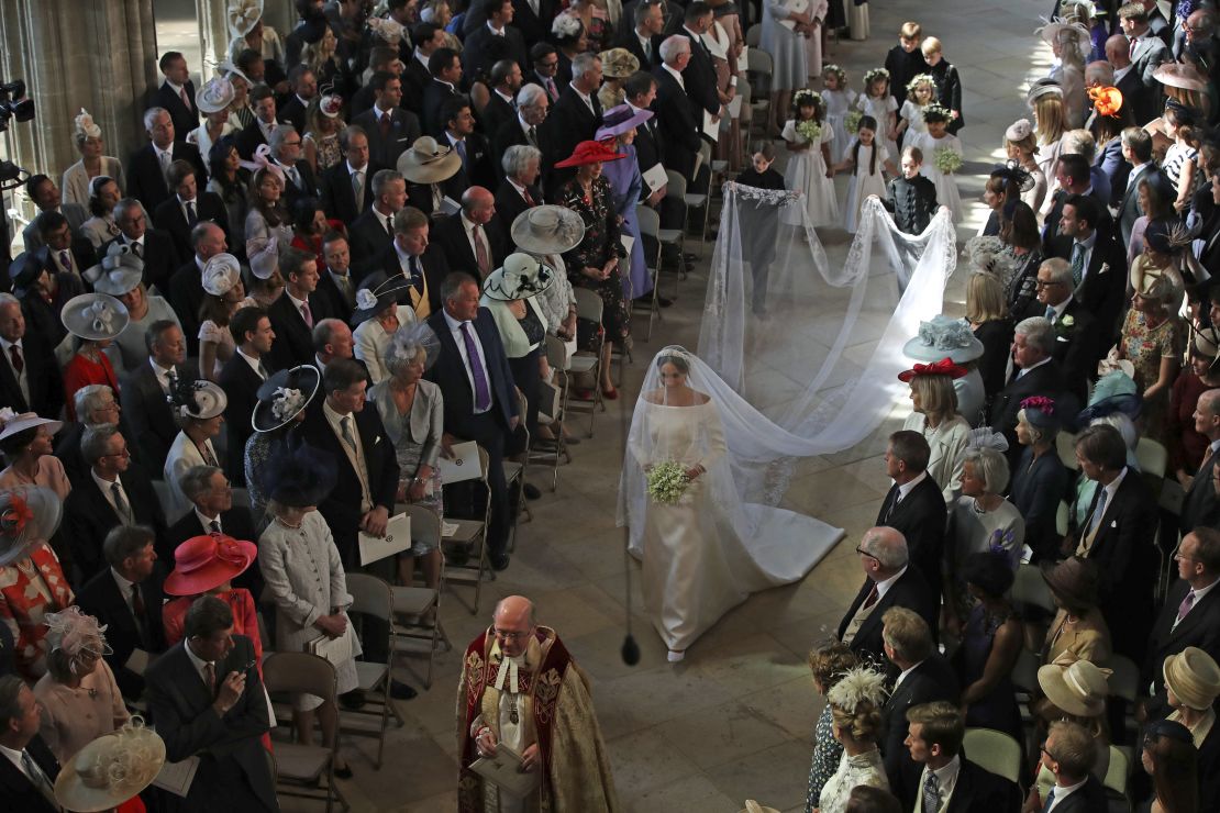 Meghan walks down the aisle in St. George's Chapel in Windsor on May 19 during her wedding to Prince Harry.