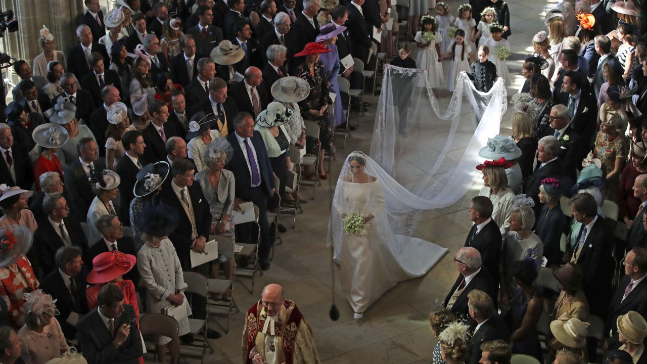 Meghan walks down the aisle in St. George's Chapel in Windsor on May 19 during her wedding to Prince Harry.
