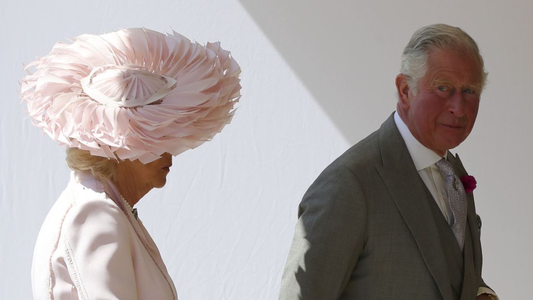 Camilla, the Duchess of Cornwall, wore an elaborate pastel pink tilted hat that incorporated swooping silk feathers. This, too, was also designed by Philip Treacy. 