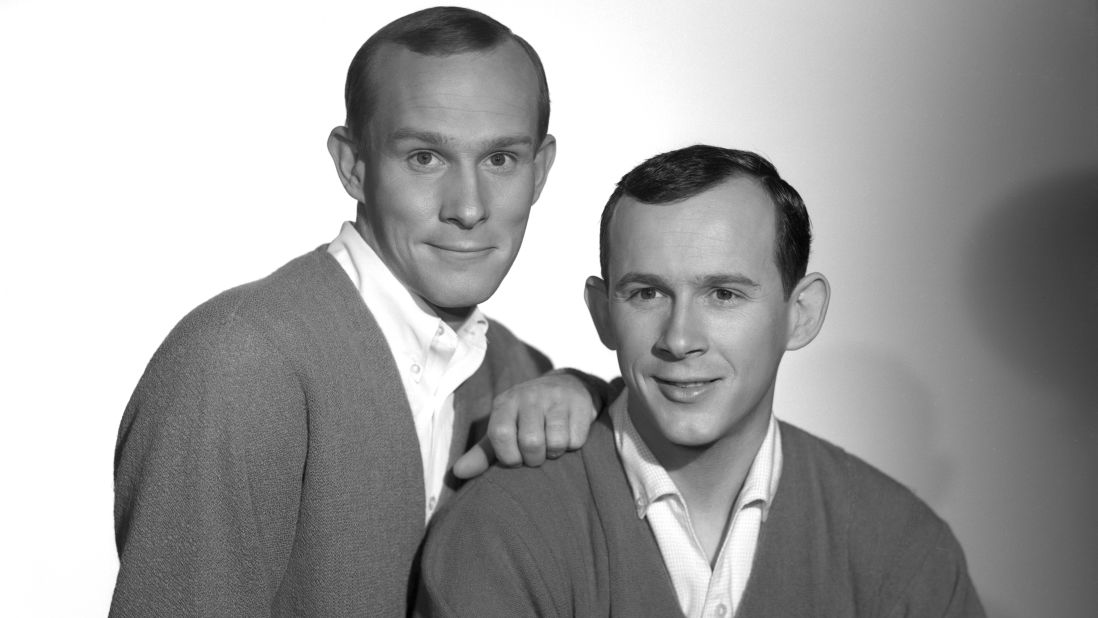 Tom Smothers (left) and Dick Smothers, right, gained popularity as a standup comedy duo during the 1950s. By the end of the turbulent 1960s, they were hosting a weekly comedy TV show that poked fun at Washington and the controversial politics of the day. The Emmy-winning "Smothers Brothers Comedy Hour" often found itself the target of censors at the CBS network. Conflict between the show and CBS led to its cancellation in 1969. 