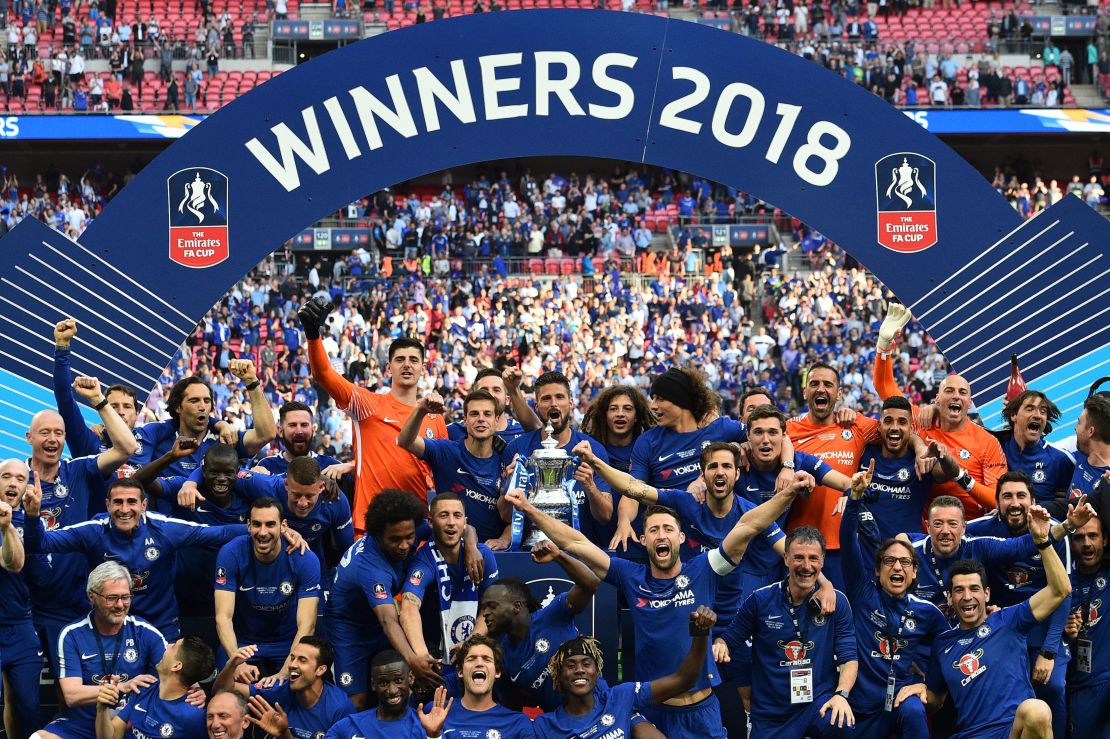 Chelsea players celebrate after their victory over Manchester United in the FA Cup final on Saturday.