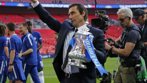 Chelsea's manager  Antonio Conte gestures to the Chelsea supporters after his side's 1-0 win over Manchester United in the FA Cup final at Wembley.