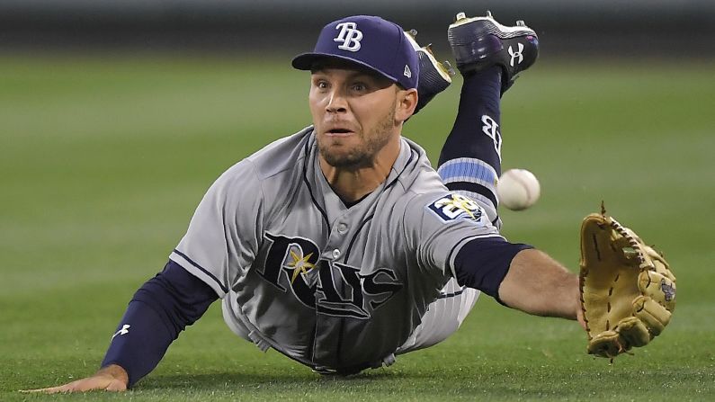 Tampa Bay Rays right fielder Johnny Field catches a ball hit by Los Angeles Angels' Chris Young during the second inning of a baseball game Friday, May 18, in Anaheim, California. 