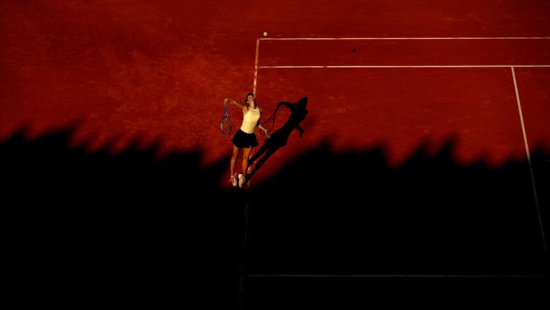 Maria Sharapova of Russia serves to Jelena Ostapenko of Latvia in the quarter final during day six of the Internazionali BNL d'Italia 2018 tennis at Foro Italico on Friday, May 18, in Rome.  