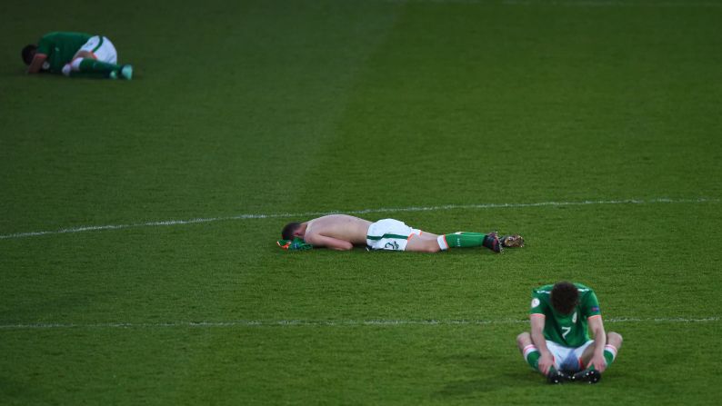 Max Murphy of Ireland and his teammates react after losing on penalties against the Netherlands during the UEFA European Under-17 Championship match between Netherlands and Ireland at Proact Stadium on Monday, May 14, in Chesterfield, England. 
