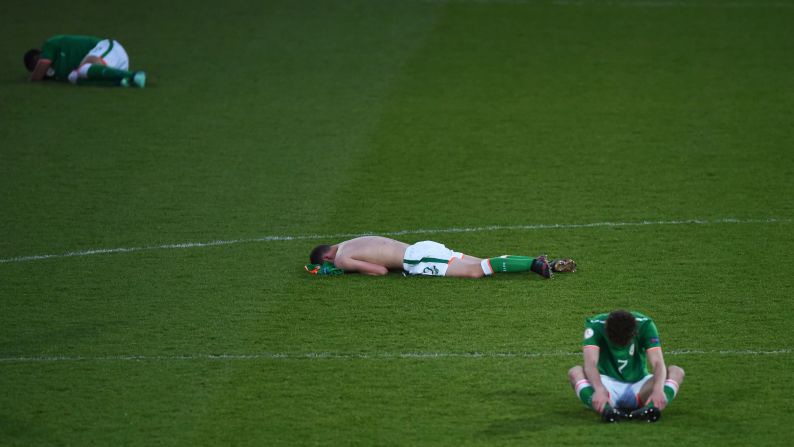 Max Murphy of Ireland and his teammates react after losing on penalties against the Netherlands during the UEFA European Under-17 Championship match between Netherlands and Ireland at Proact Stadium on Monday, May 14, in Chesterfield, England.