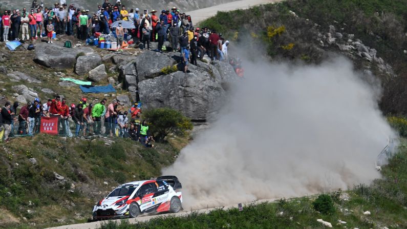 Finnish driver Jari-Matti Latvala and co-driver Mikka Anttila compete with their Toyota Yaris during the second stage of the Rally of Portugal in Caminha, northern Portugal, on Friday, May 18.