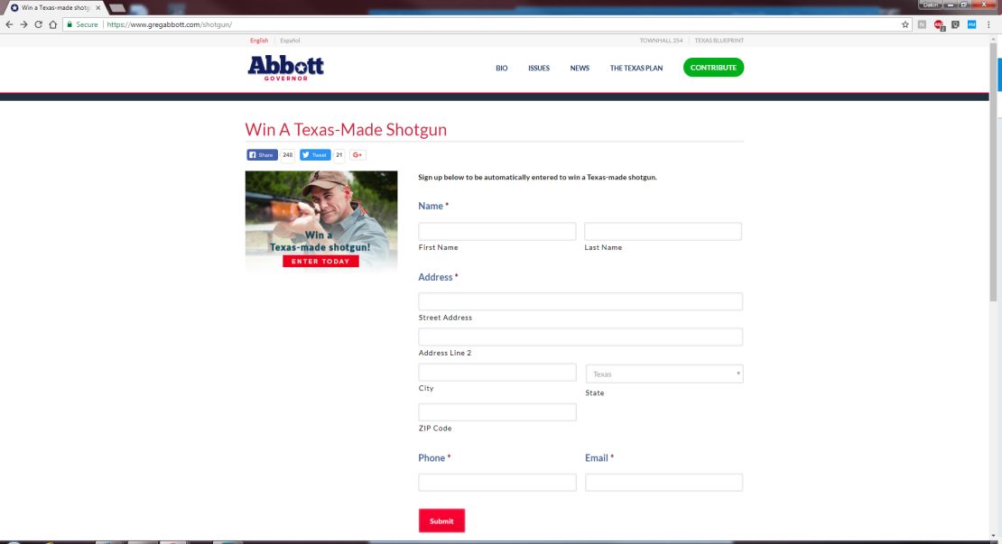 Gov. Greg Abbott's website still had a form to enter the shotgun giveaway up on Sunday morning. 