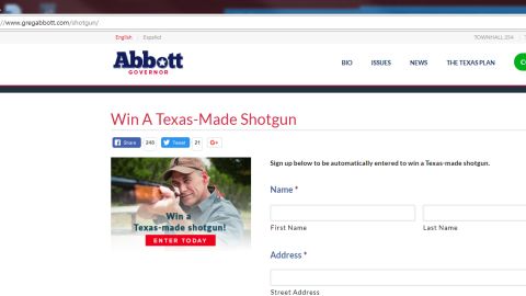 Gov. Greg Abbott's website still had a form to enter the shotgun giveaway up on Sunday morning. 