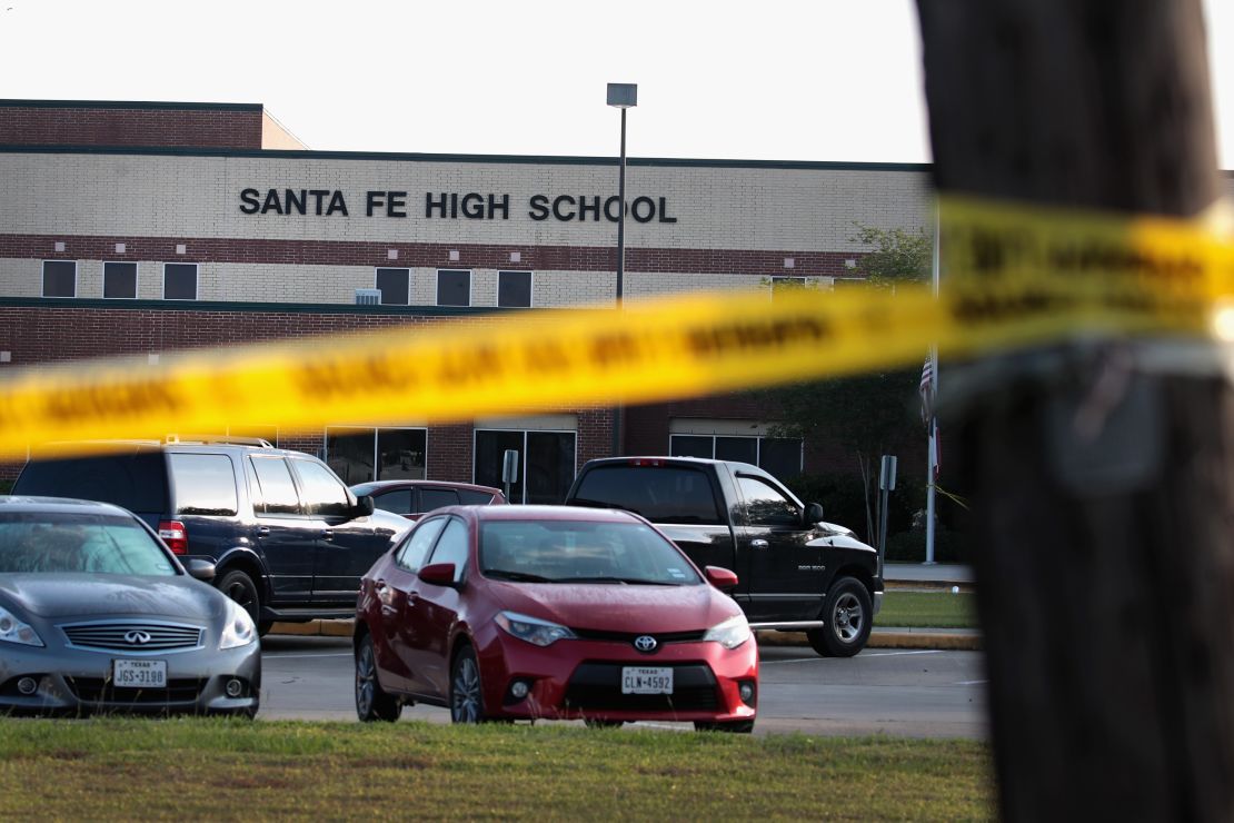 SANTA FE, TX - MAY 19: The front of Santa Fe High School is cordoned off with police tape on May 19, 2018 in Santa Fe, Texas. Yesterday morning, 17-year-old student Dimitrios Pagourtzis entered the school with a shotgun and a pistol and opened fire, killing at least 10 people. (Photo by Scott Olson/Getty Images)