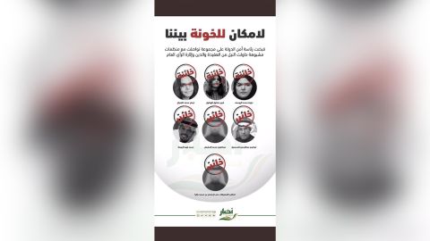 A flyer circulating on social media in Saudi Arabia shows activists, including Hathloul, with a traitor stamp over each of their faces.