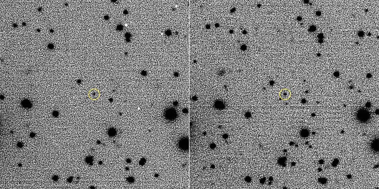 These negative images of 2015 BZ509, which is circled in yellow, show the first known interstellar object that has become a permanent part of our solar system. The exo-asteroid was likely pulled into our solar system from another star system 4.5 billion years ago. It then settled into a retrograde orbit around Jupiter.