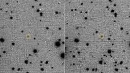 These are images of 2015 BZ509 obtained at the Large Binocular Telescope Observatory (LBTO) that established its retrograde co-orbital nature. The bright stars and the asteroid (circled in yellow) appear black and the sky white in this negative image.
