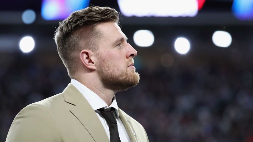 MINNEAPOLIS, MN - FEBRUARY 04:  J. J. Watt of the Houston Texans looks on prior to Super Bowl LII between the New England Patriots and the Philadelphia Eagles at U.S. Bank Stadium on February 4, 2018 in Minneapolis, Minnesota.  (Photo by Elsa/Getty Images)