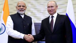 SOCHI, RUSSIA - MAY 21, 2018: India's Prime Minister Narendra Modi (L) and Russia's President Vladimir Putin shake hands during a meeting. Mikhail Metzel/TASS (Photo by Mikhail Metzel\TASS via Getty Images)