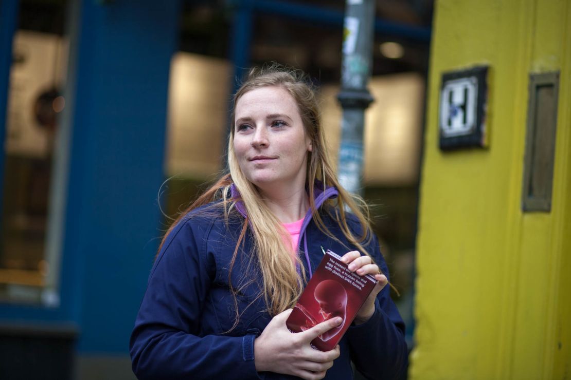 Emily Faulkner canvassing on Dublin's Dame street on May 14.  
