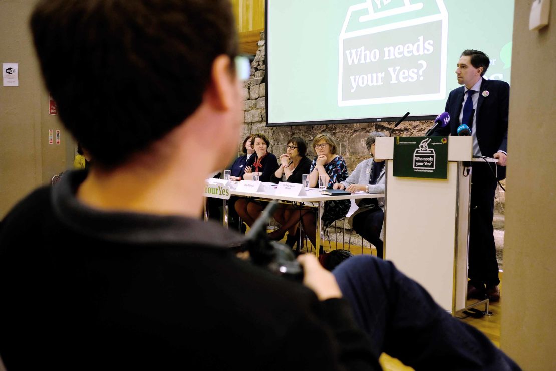 Berning films Ireland's Minister for Health, Simon Harris campaign for a Yes vote inside a Dublin City Council building on May 14.