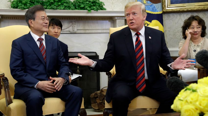 President Donald Trump meets with South Korean President Moon Jae-In in the Oval Office of the White House, Tuesday, May 22, 2018, in Washington. (AP Photo/Evan Vucci)