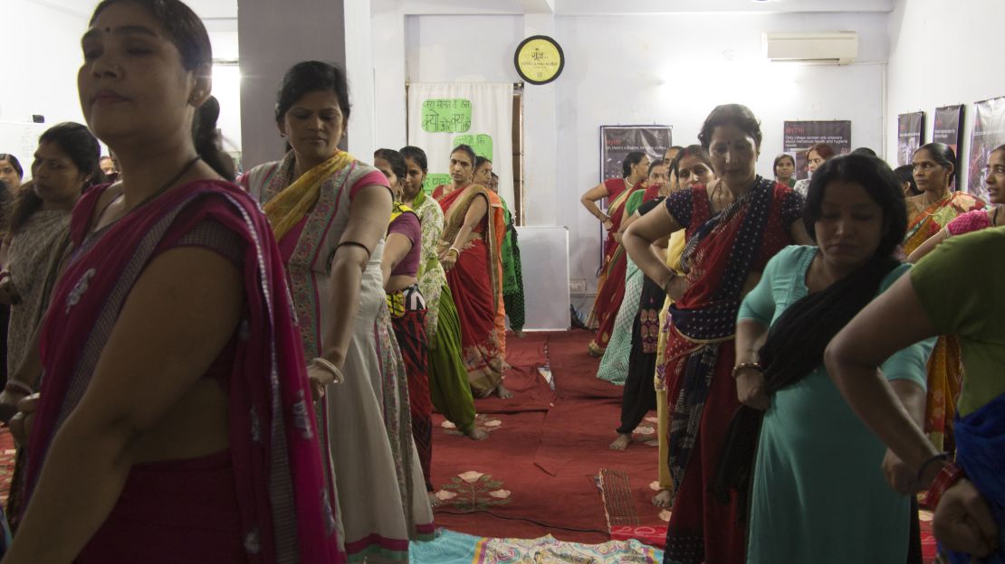 Indian women at Goonj practice self-defense moves in New Delhi, India.