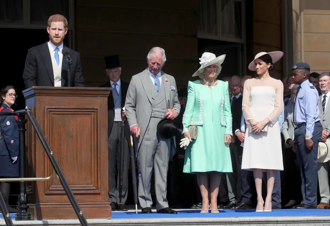 Harry gives a speech next to Prince Charles, Charles' wife Camilla, and Meghan.