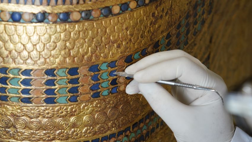 Rami Magdy works on the restoration of a chariot from Tutankhamun's tomb at the Wood Laboratory in the Grand Egyptian Museum's conservation center. The first phase of the GEM will open the end of this year and will feature a special display of thousands of treasures from Tutankhamun's tomb, many never  before on dislplay.